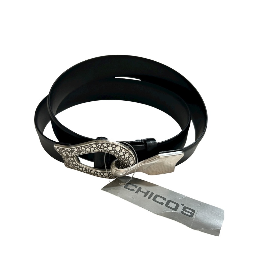 Chico's Hook & Texture Silver Buckle Slide Adjuster Black Leather Belt S/M